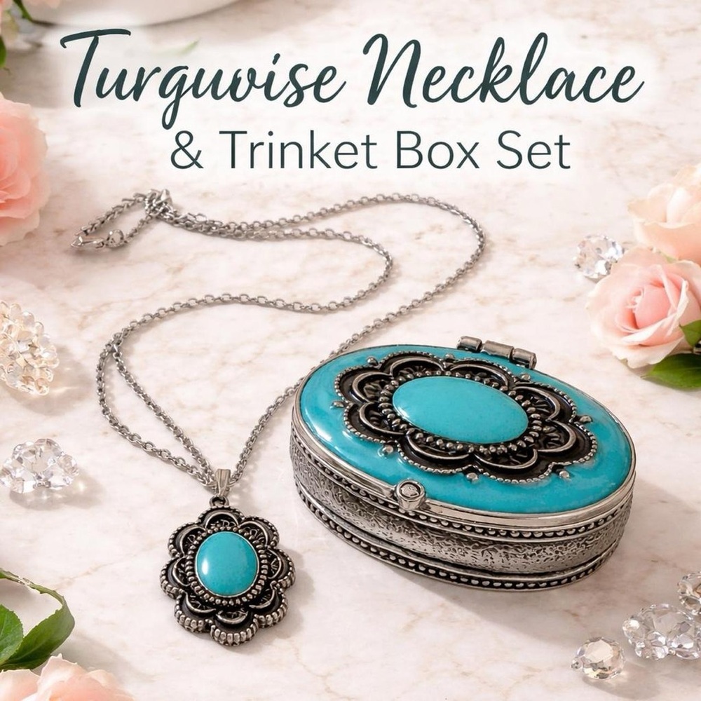 New Silver plated  and Turquoise Necklace & Trinket Box Set pill box great gift